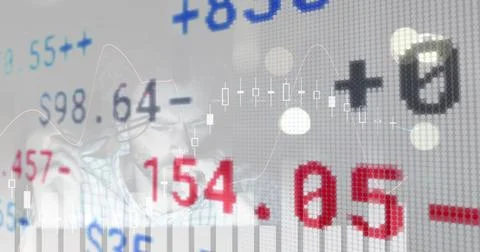 Image of financial data processing and stock market over caucasian man Stock Photos