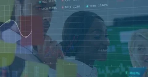 Image of financial data processing and stock market over diverse business people 写真素材