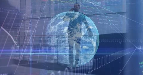 Image of financial data processing and globe over biracial businessman using Foto stock