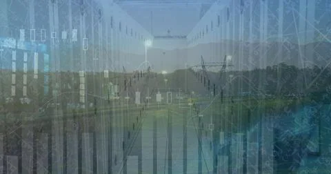 Image of financial data processing and server room over cityscape 스톡 사진