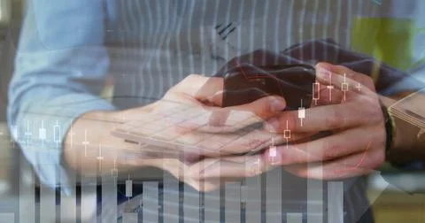 Image of financial data processing and statistics over caucasian man using Foto stock