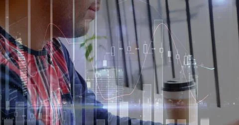 Image of financial data processing and statistics over caucasian man using Stock Photos