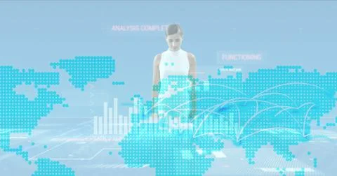 Image of financial data processing and caucasian woman over blue background Foto stock