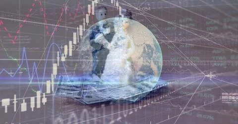 Image of financial data processing and binary coding over newly weds, dollars 스톡 사진