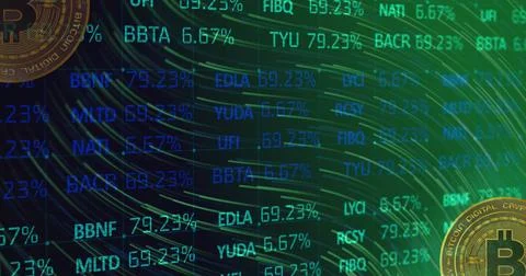 Image of financial data processing and bitcoins over dark background 写真素材