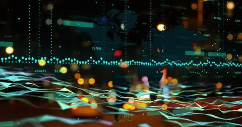 Image of financial data processing and digital waves against night city traffic Stock Photos