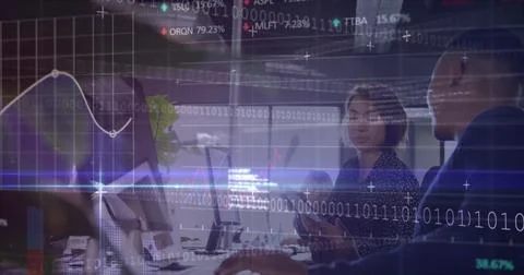 Image of financial data processing and binary coding over diverse business Stock Photos