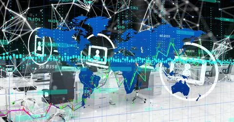 Image of financial data processing and world map over office Stock Photos
