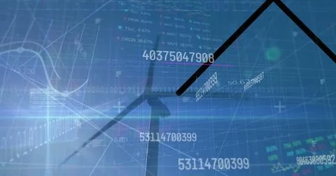 Image of financial data processing and binary coding over wind turbines Stock Photos