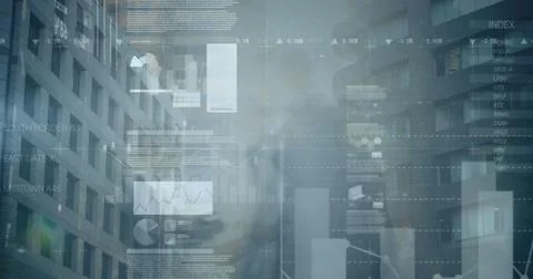 Image of financial data processing and business people over office buildings Stock Photos