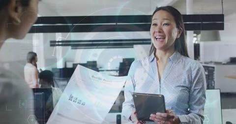 Image of financial data processing and statistics over businesswoman using Stock Photos