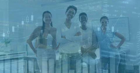 Image of financial data processing and cityscape over diverse business people in Stock Photos
