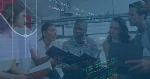 Image of financial data processing and stock market over diverse business people Stock Photos