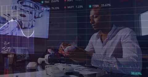 Image of financial data processing and statistics over african american Stock Photos