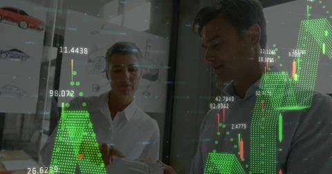 Image of financial data processing and statistics over diverse business people Stock Photos