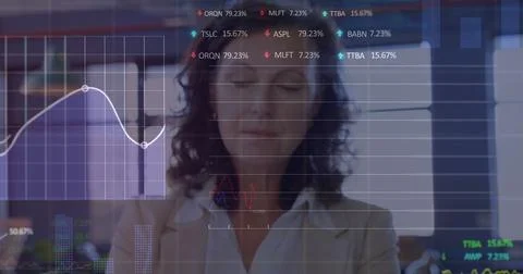 Image of financial data processing and statistics over caucasian businesswoman Stock Photos