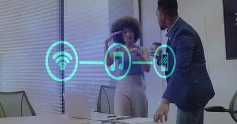 Image of financial data processing and icons over diverse business people 库存照片