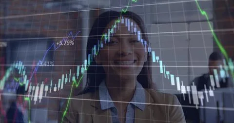 Image of financial data processing and statistics over businesswoman Stock Photos
