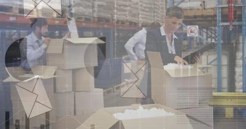 Image of financial data processing and envelope icons over diverse workers in 库存照片