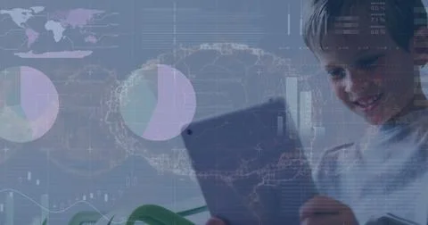 Image of financial data processing and digital brain over caucasian boy using Stock Photos