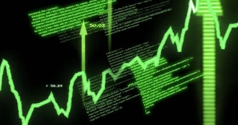 Image of financial data processing with arrows over black background Stockillustratie