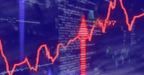 Image of financial data processing with arrows over purple background Illustrazione stock