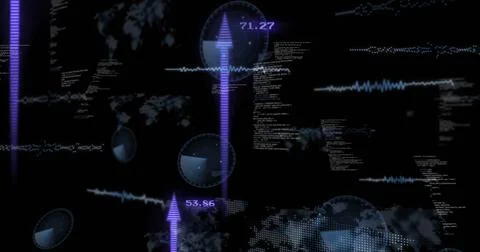 Image of financial data processing with arrows over black background 스톡 일러스트
