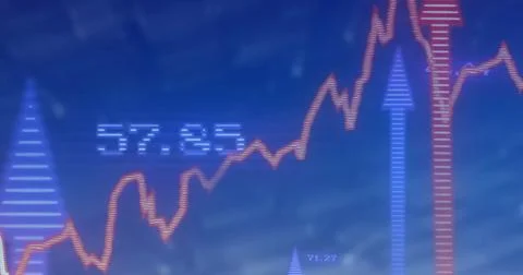 Image of financial data processing with arrows on blue background Stock Photos
