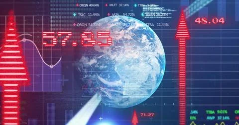 Image of financial data processing with arrows and globe on blue background Foto stock