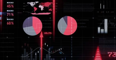 Image of financial data processing with arrows on black background 스톡 사진