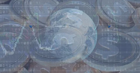 Image of financial data processing with binary coding over american dollar coins Illustrazione stock