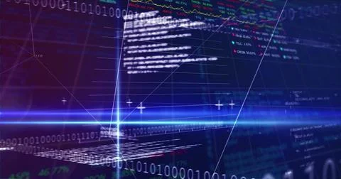Image of financial data processing an binary coding over grid Illustrazione stock