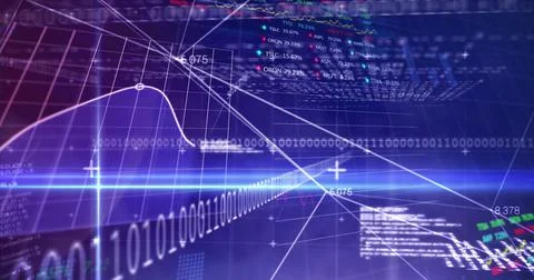 Image of financial data processing an binary coding over grid Illustrazione stock