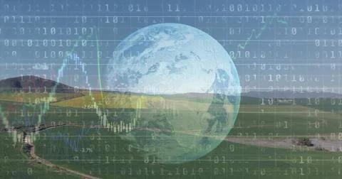 Image of financial data processing binary coding over earth and countryside Foto stock