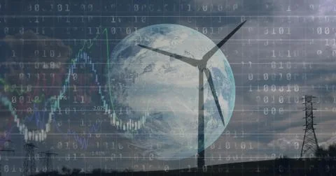Image of financial data processing binary coding over earth and wind turbine Stock Photos