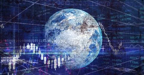 Image of financial data processing, binary coding and globe on digital screen Stock Photos