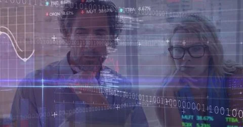 Image of financial data processing binary coding and statistics over diverse Foto stock