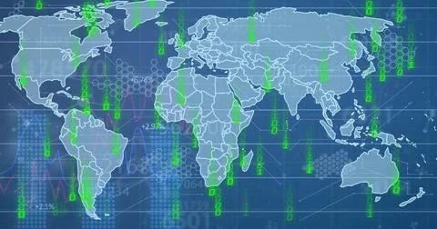 Image of financial data processing with binary coding over world map Stock Photos