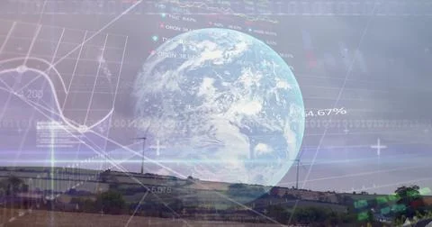 Image of financial data processing binary coding over earth and wind turbine Stock Photos