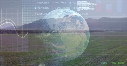 Image of financial data processing binary coding over earth and wind turbines 스톡 사진