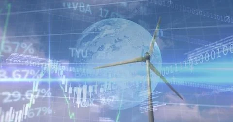 Image of financial data processing binary coding over earth and wind turbine Stock Photos