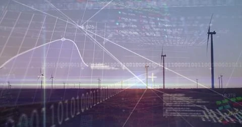 Image of financial data processing binary coding over wind turbines Stock Photos