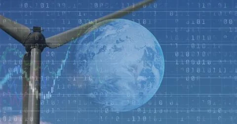 Image of financial data processing binary coding over earth and wind turbine 스톡 사진