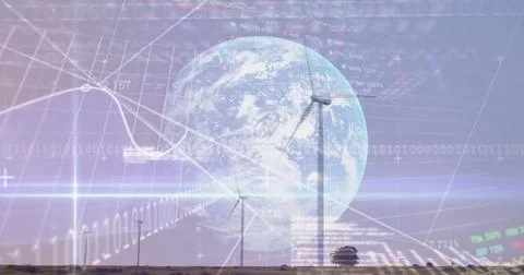 Image of financial data processing binary coding over earth and wind turbine Stock Photos