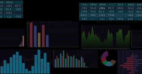 Image of financial data processing on black background Illustrazione stock