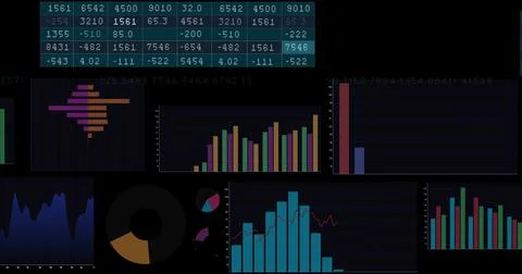 Image of financial data processing on black background Stockillustratie
