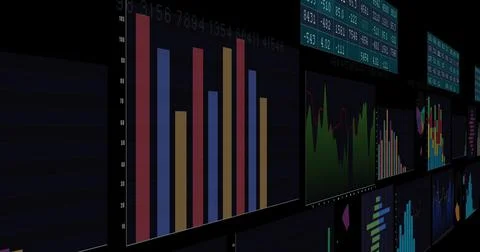 Image of financial data processing on black background Illustrazione stock