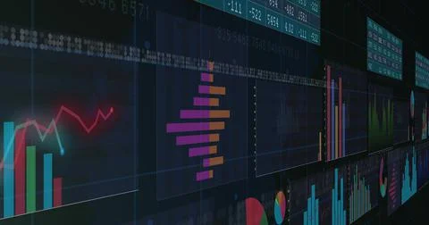 Image of financial data processing on black background Illustrazione stock