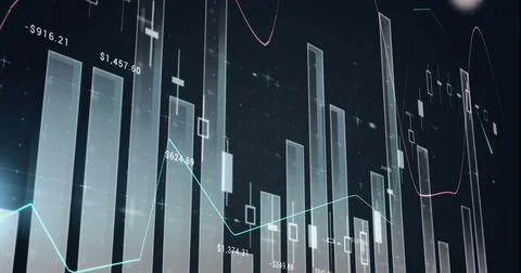 Image of financial data processing on black background Illustrazione stock
