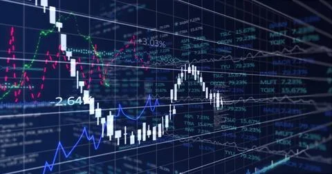 Image of financial data processing on black background Illustrazione stock